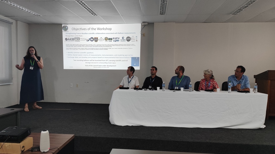 Mesa de abertura do Balloon and Science Workshop, no auditório dos Conselhos da Reitoria (Foto: Samuel Lima/Sucom)